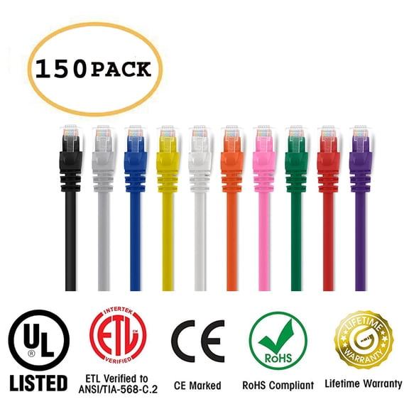 Huetron™ 150-Pack Cat 6 Ethernet Cable Cat6 Snagless Patch 0.5 Feet - Computer LAN Network Cord, MULTI-COLOR