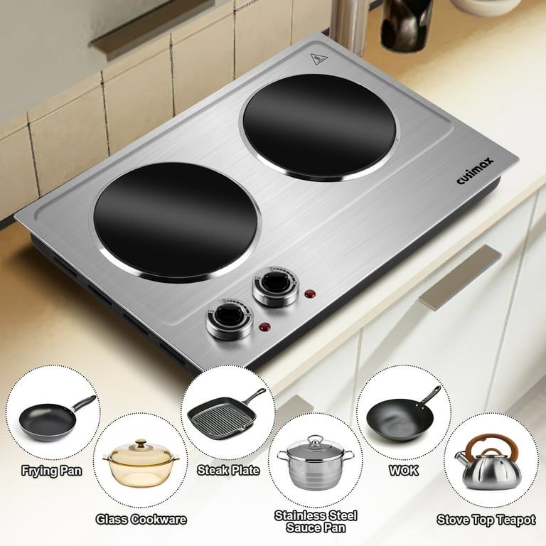 Hot Plate, CUSIMAX Double Burner Hot Plate for Cooking, 1800W Dual Control  Portable Stove Countertop Electric Burner Infrared Cooktop, Stainless Steel