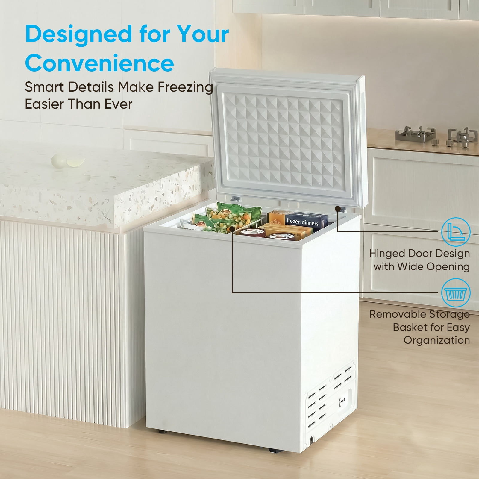 TABU Chest Freezer, 5.0 Cu Ft Deep Freezer with Adjustable Temperature, Compact Freezer with Top Open Door (White)