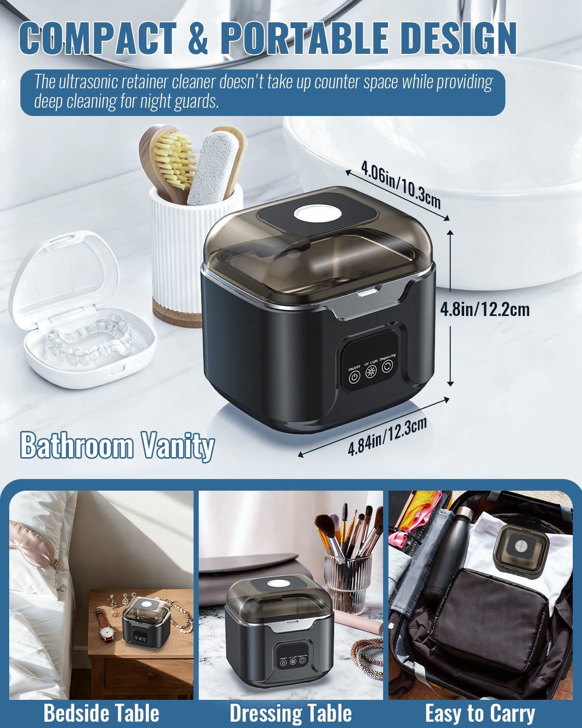 OVIMAZ Ultrasonic Retainer Cleaner, 48kHz Jewelry Cleaning Machine for Retainers, Dentures, Mouth Guards, Braces, Rings, Watches, 240ml 304 Stainless Steel Tank