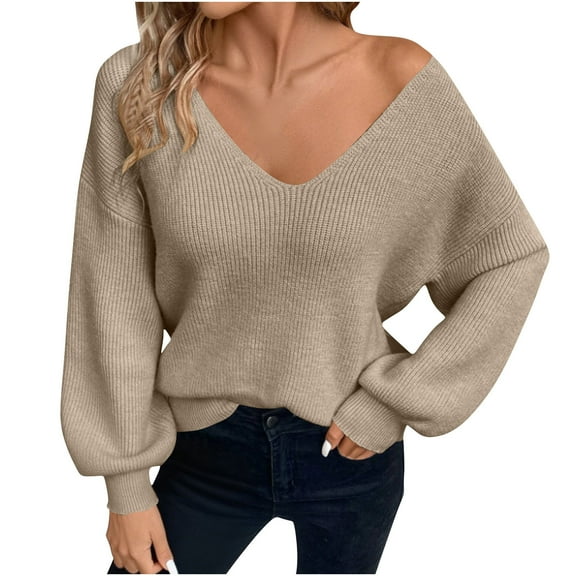 Women's Soft Knit Sweater Top Casual Long Sleeve V-Neck Shirt Fashionable Back Bow Tie Fall Pullover Sweater