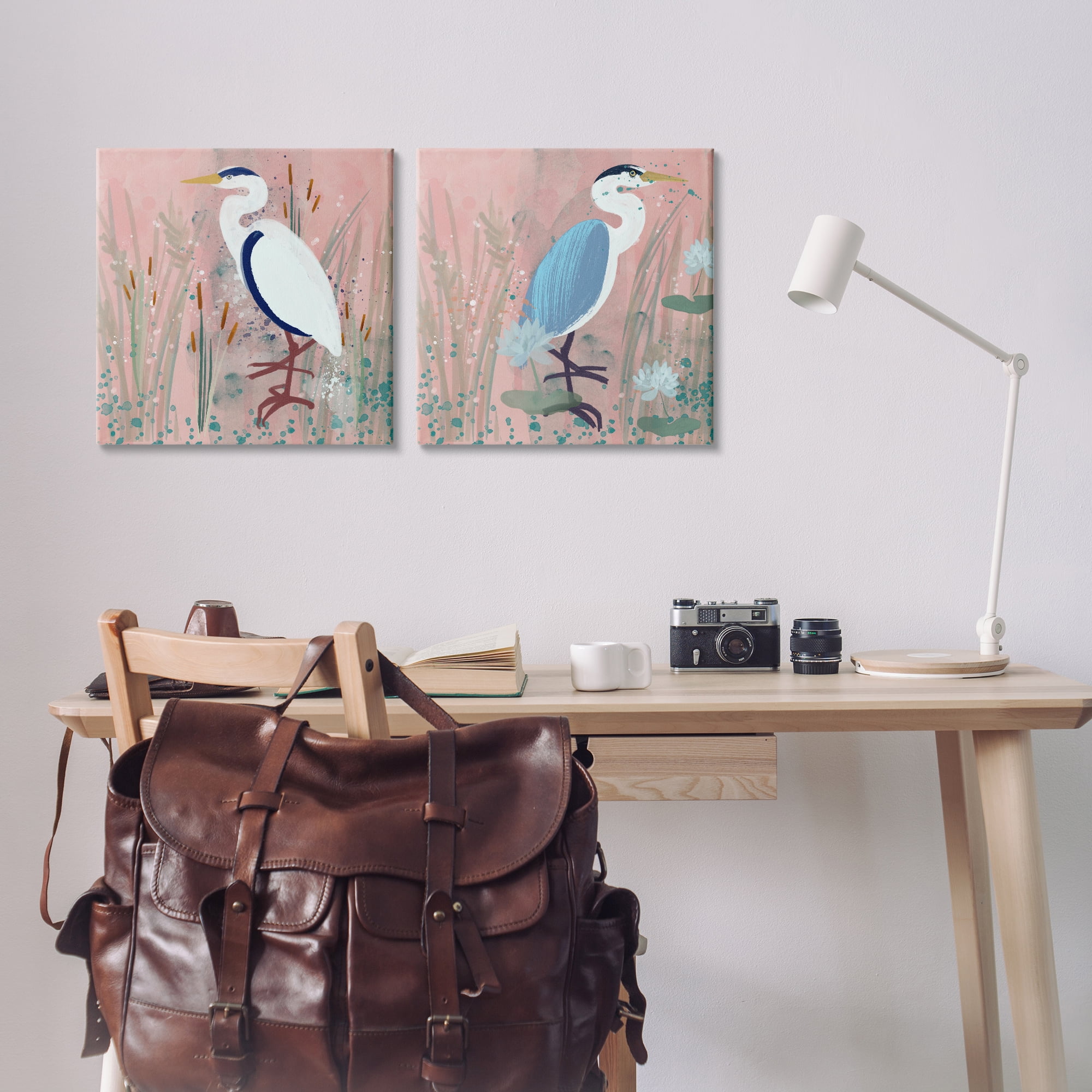 Stupell Industries Blue Heron Egret Cattail Marsh Animals Painting Wrapped Canvas Art Print Wall Art, 17 x 17, Set of 2