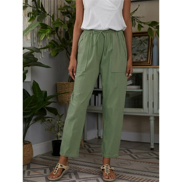 Pantalones casuales sueltos de lino y algodón con bolsillos grandes de color sólido para mujer de estación independiente de primavera y otoño