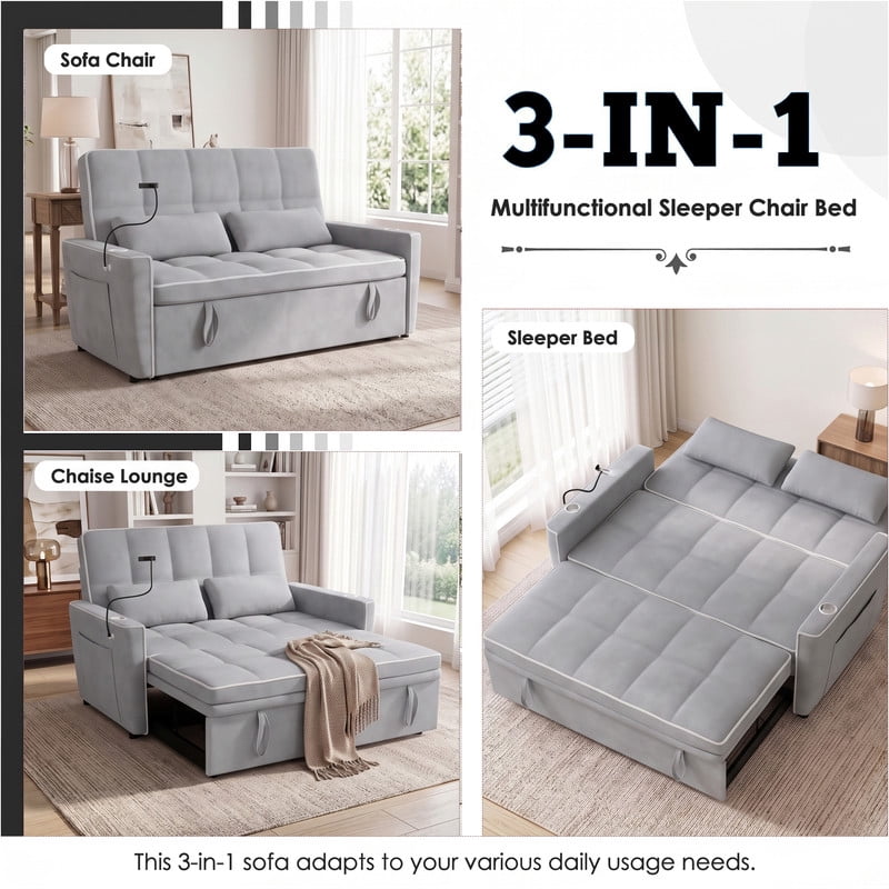 Anpport 54" 3‑in‑1 Convertible Sleeper Sofa Bed, Loveseat with White Trim, USB Charging Port, Phone Stand, 2 Cup Holders and 2 Pillows for Living Room, Bedroom and Apartment, Light Gray
