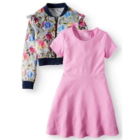 Floral Outfit Girl - Dress and Floral Satin Bomber Jacket, 2-Piece Outfit Set (Little Girls & Big Girls)