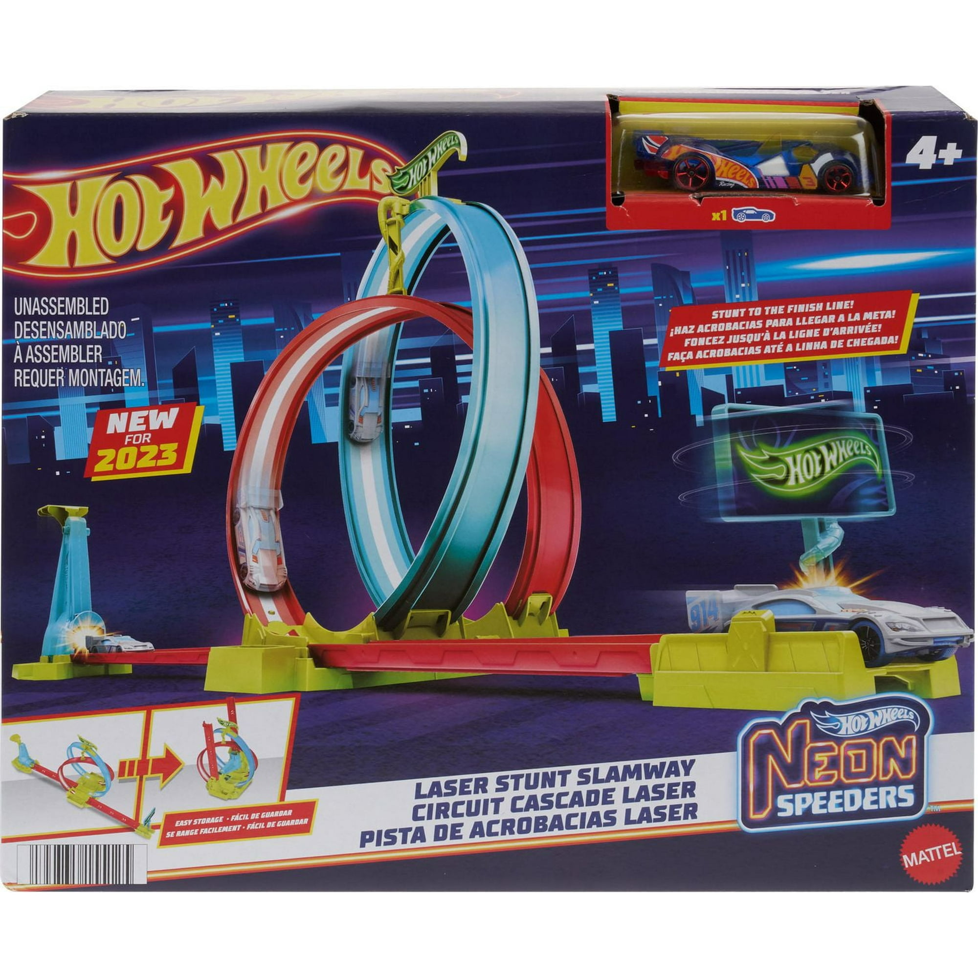 Hot Wheels Neon Speeders Track Set, Laser Stunt Slamway with Hot