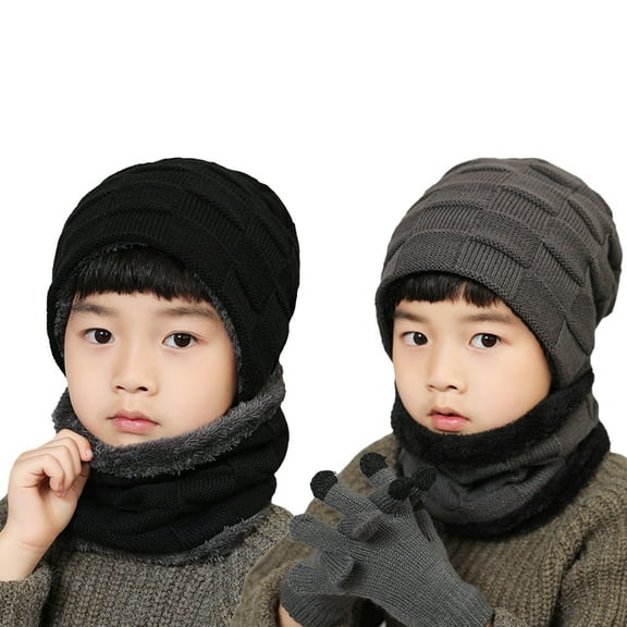 Godderr 3Pcs Kids Boys Girls Beanie Hat and Glove Scarf Set, Toddler Fleece Lining Winter Hat Winter Scarf Winter Gloves Set Baby Winter Warm Knitted Cap Set for 3-10Y