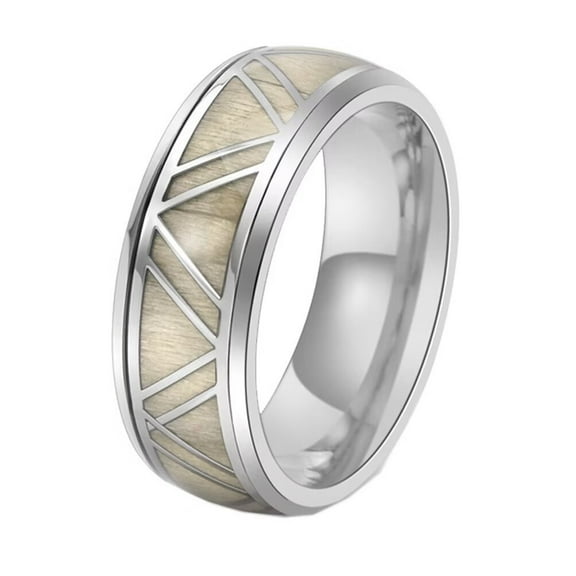 PAMTIER Men's Women's Stainless Steel 9MM Creative Triangular Wood Inlay Dome Ring Wedding Band White Size 11
