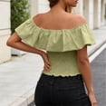 thumbnail image 6 of LEKWK Off the Shoulder Tops for Women Ruffle Short Sleeve Smocked Peasant Blouses Slim Fit Going Out Crop Tops Summer Fashion Beach Vacation Daily Outfits, 6 of 7