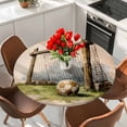 thumbnail image 2 of Brown Soccer Field Round Tablecloth 55-60 Inch Round Fitted Table Cloth with Elastic Edge, Vintage Wooden Goal Post Football Waterproof Table Cover Protector for Outdoor Picnic Party Dining, 2 of 9