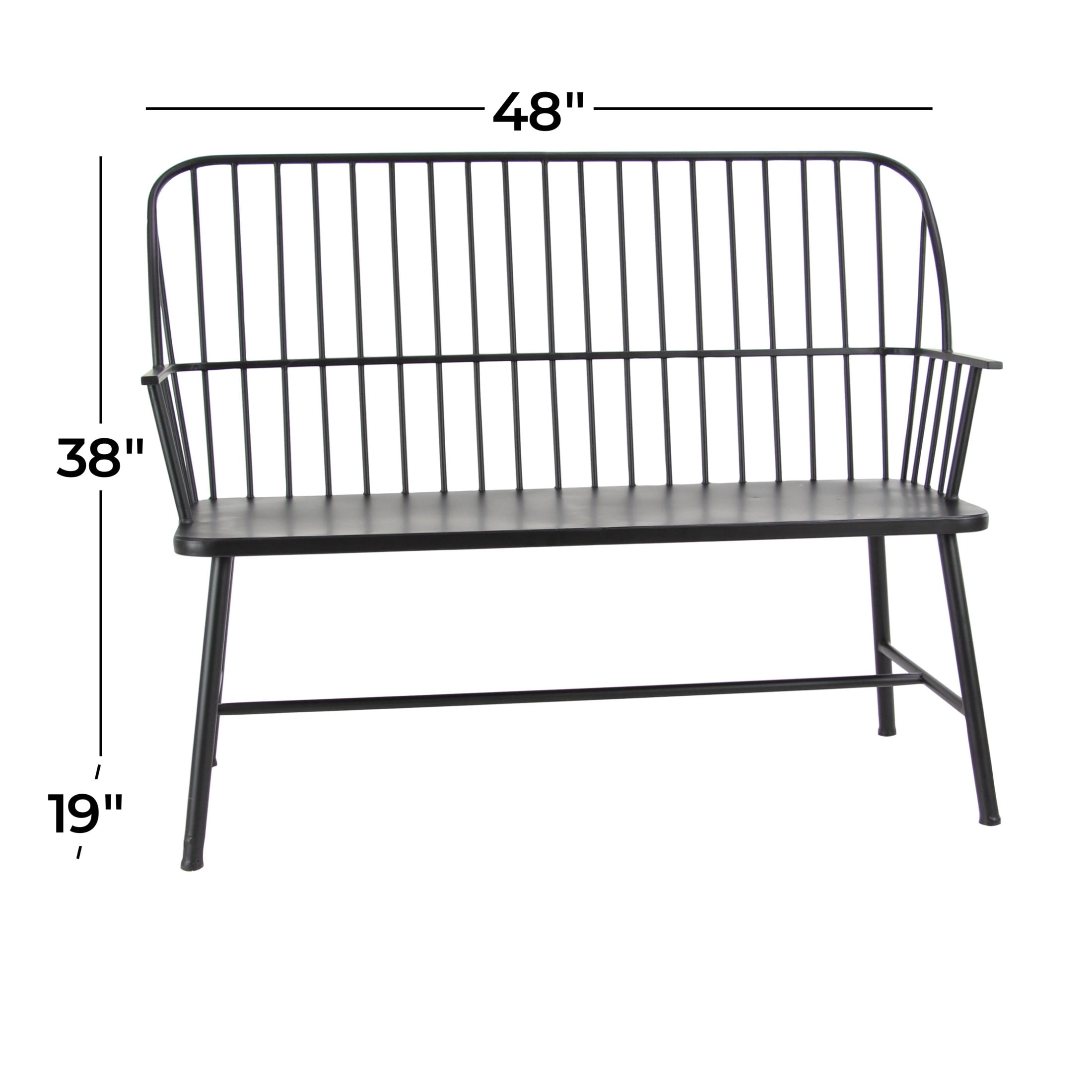 DecMode Black Traditional Outdoor, Entryway, Hallway, Bench with Metal Rod Backing and Armrests. 48"W x 19"L x 38"H