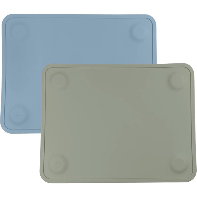 Manteles individuales de silicona con ventosa para bebés, niños pequeños y niños, silicona duradera de grado alimenticio con ventosa antideslizante, apto para lavavajillas, para mesa de comedor y restaurantes + estuche de viaje, paquete de 2, azul mate, verde grande