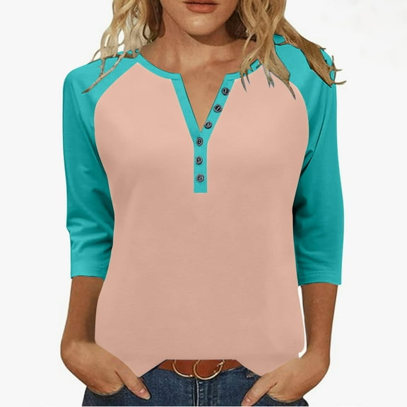Womens Henley Shirts, 3/4 Sleeve Shirts for Women Fall Casual Color Patchwork Button Up Notch V Neck T Shirts S-3XL