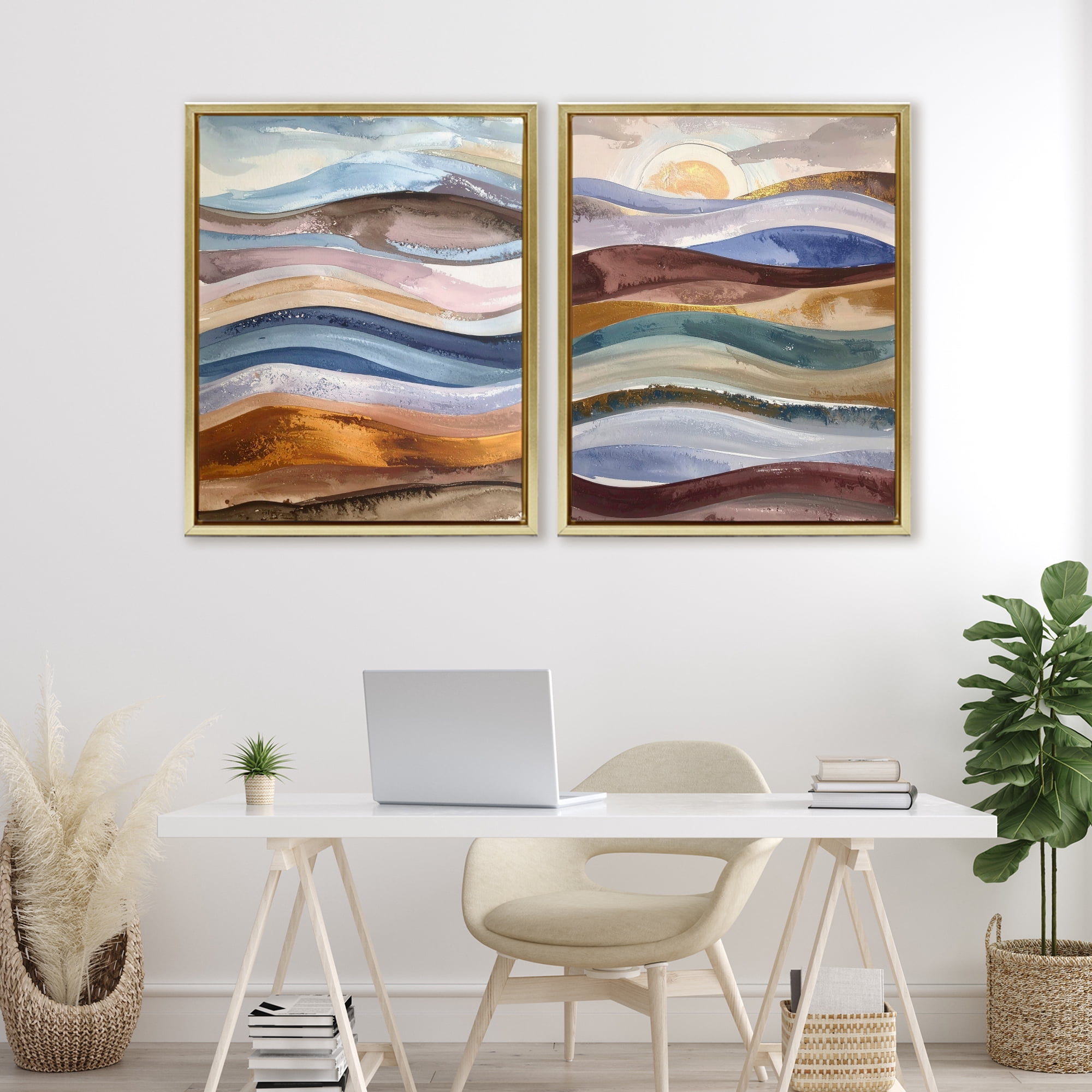 Stupell Industries Earthy Ocean Flow 2 Piece Gold Framed Floater Canvas Set, design by Alonza Saunders