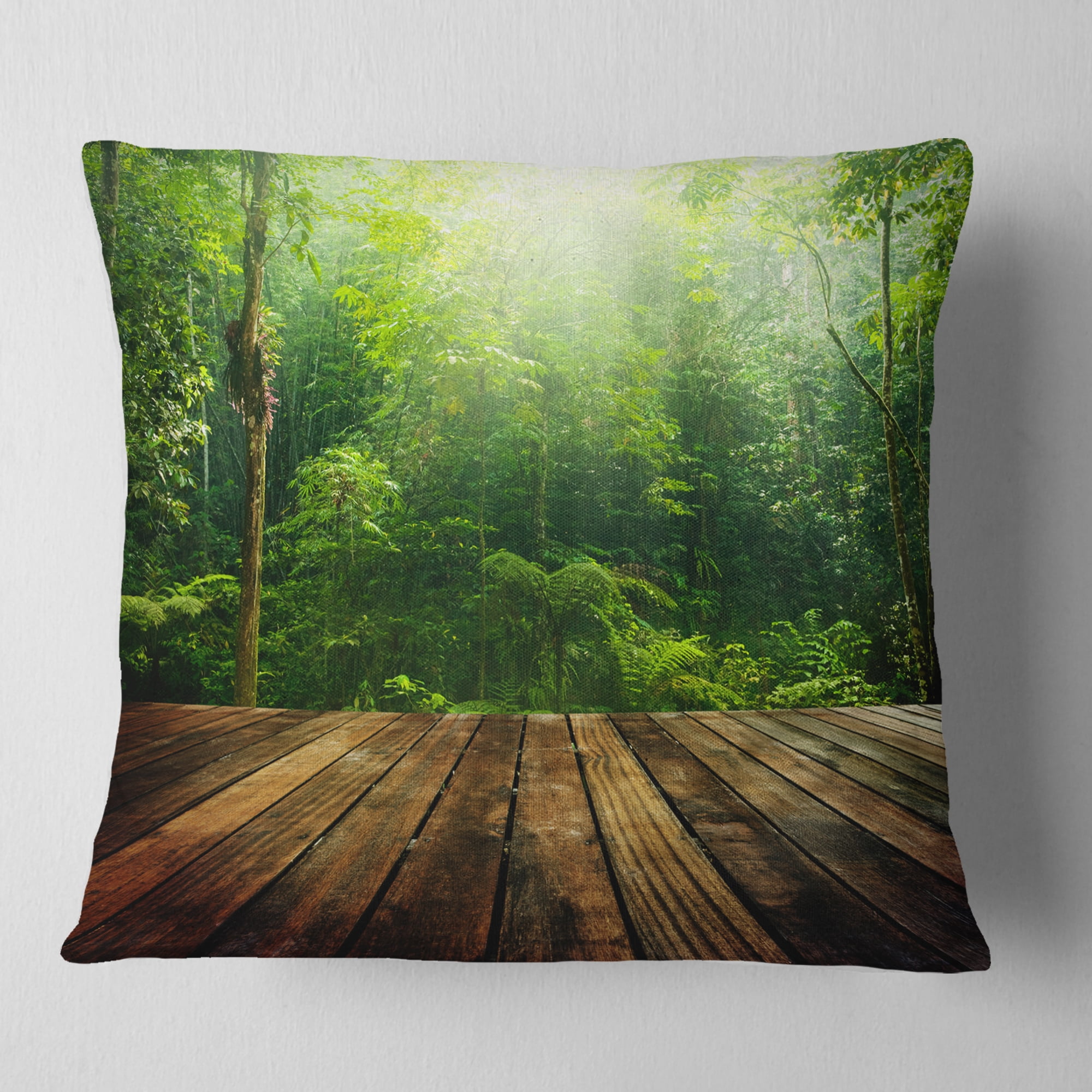 Designart Green Forest with Ray of Light - Landscape Photo Throw Pillow - 18x18