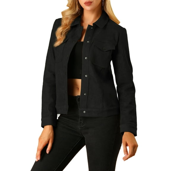 INSPIRE CHIC Women's Turn-Down Collar Flap Pockets Snap Button Faux Suede Jacket S Black