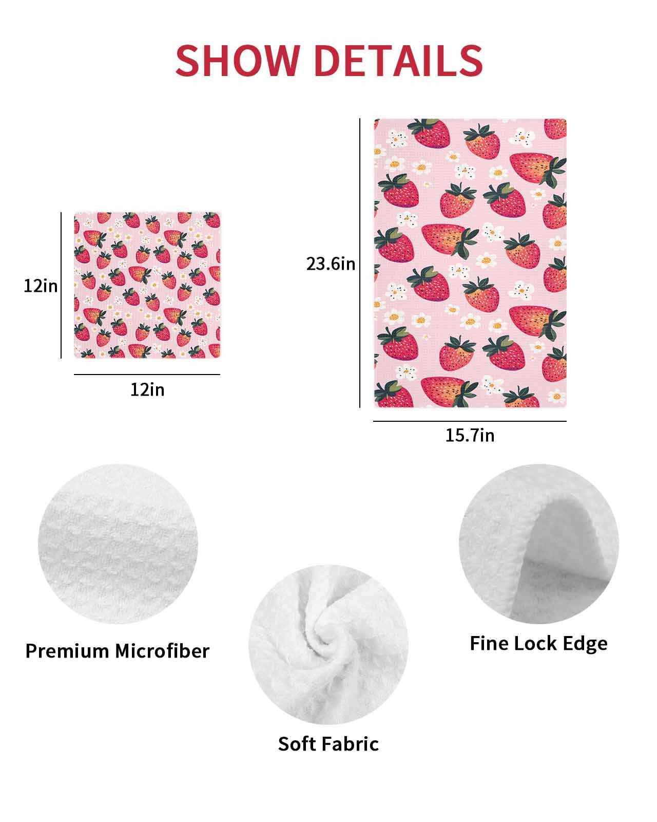 Strawberry Kitchen Dish Towels for Drying Dishes Set of 3, Pink Spring Summer Rustic Floral Fruit Waffle Weave Microfiber Terry Hand Tea Bathroom Towels Quick Dry & Absorbent Towel 15.7x23.6