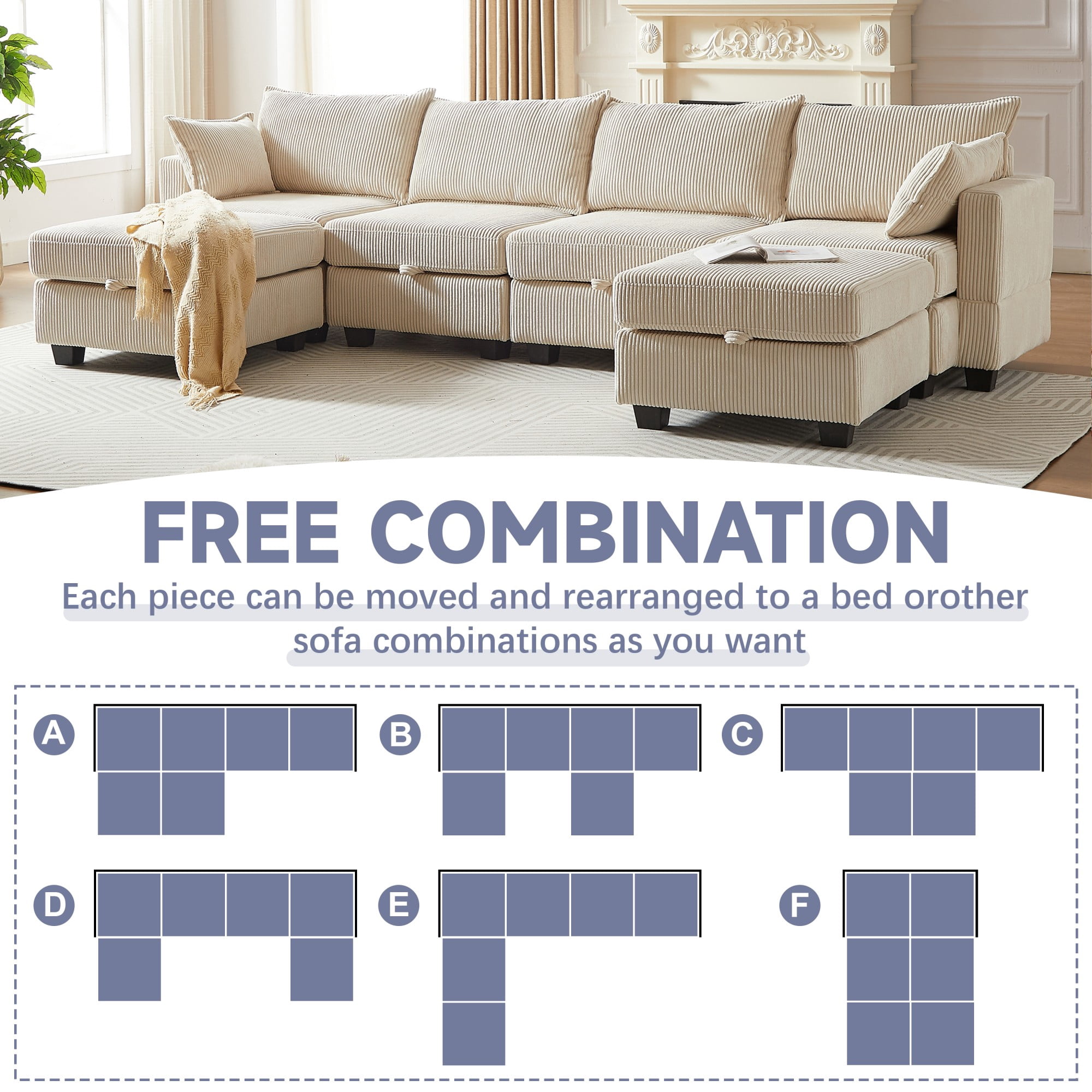 113.5'' Modular Sectiona Corduroy Sofa,Convertible U Shaped Sectional Couch with Storage Ottoman for Living Room,Beige