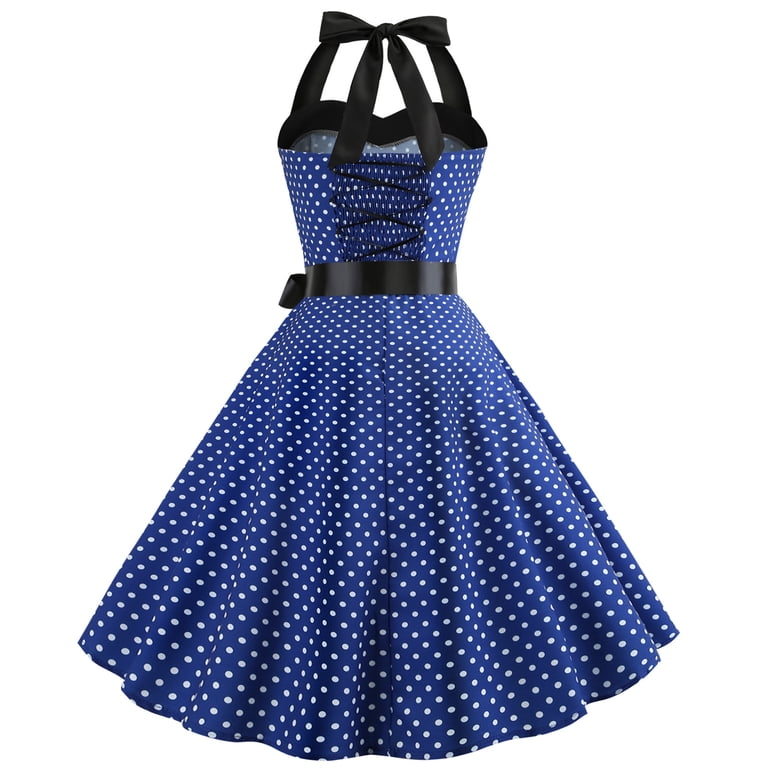50's blue polka dot dress IBTOM CASTLE Women's Vintage Halter Dress, 1950s Retro Cocktail Prom, Semi-Formal Church Dance, S Dark silk  flowy