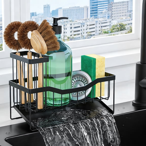SAMODRA Black Sponge Holder for Kitchen Sink, Sink Caddy Organizer with High Brush Holder, Kitchen Sink Organizer for Sponge, Rustproof 304 Stainless Steel, Soap Dispenser Organize