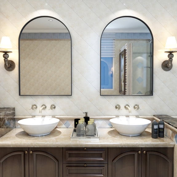 CONGUILIAO Wall Mounted Mirror, 20"x30" Arch Bathroom Mirror Has Metal Frame, 2 Pieces Black Decor for Mantle, Entryway