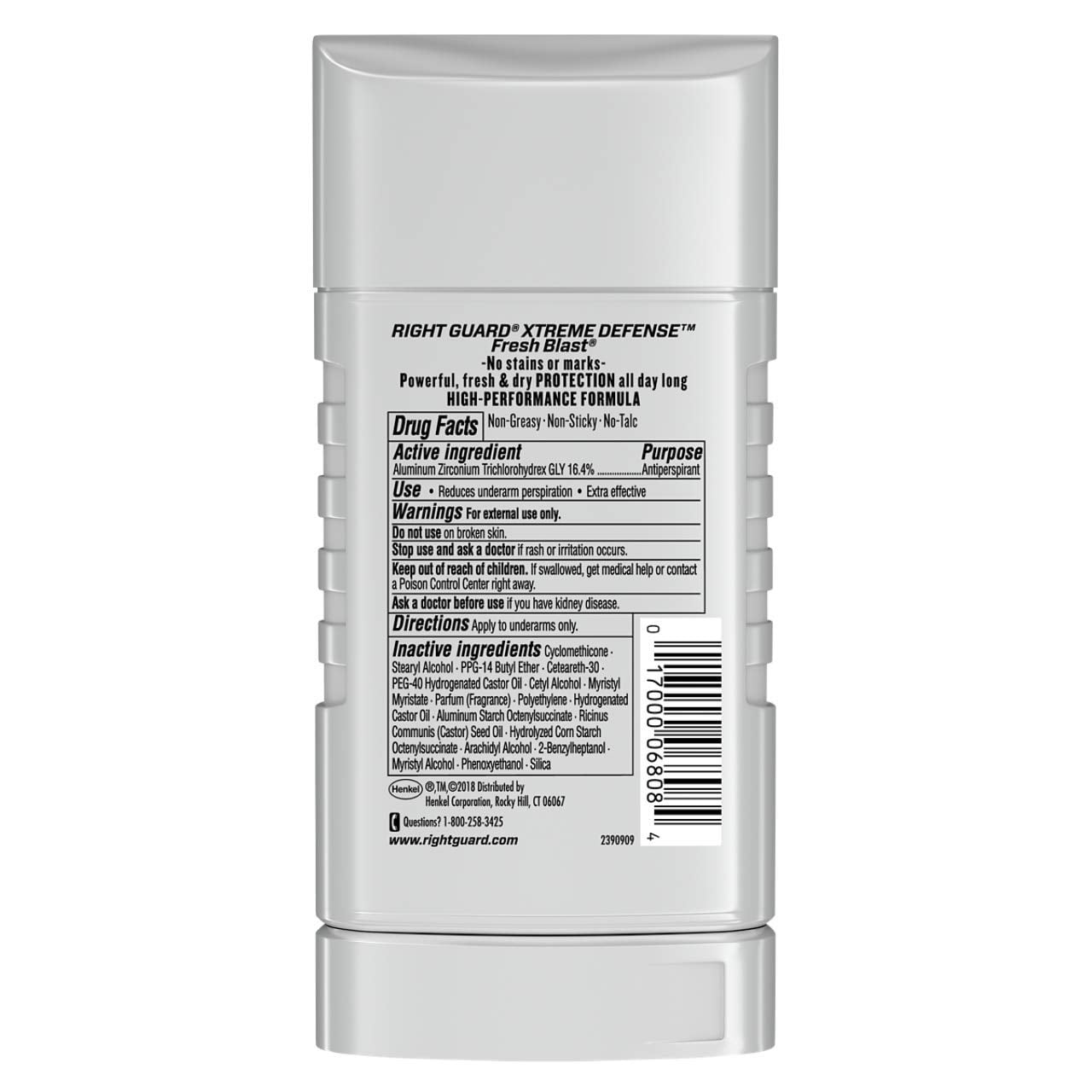 Right Guard Xtreme Defense Aluminum-Free Deodorant Invisible Solid Stick Fresh Blast 3 oz (Pack of 4)