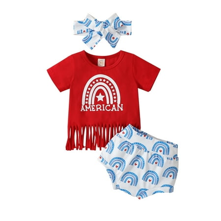

Newborn Baby Girl 4th of July Outfit American Flag Tassels T-Shirt Top Ruffle Shorts Set Fourth of July Clothes