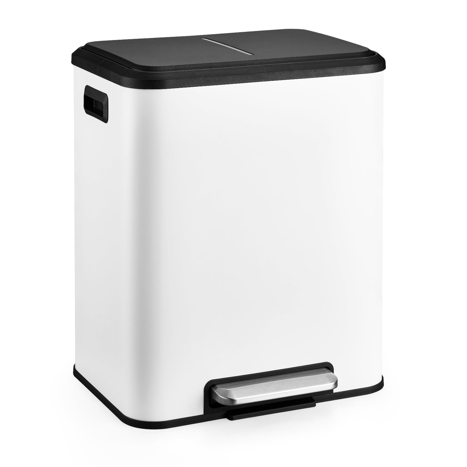 Dual Trash Can for Recycling and Trash, 2 x 15 L (30 L) Stainless Steel Kitchen Trash Can with Lid and Foot Pedal, Double Compartment Garbage Can, Trash Can with Recycling Bin