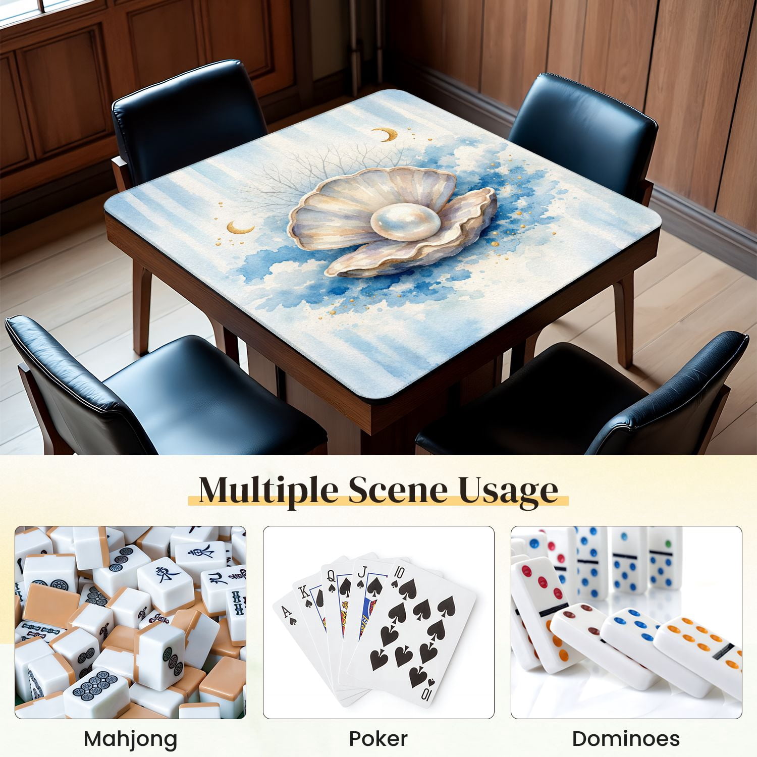 Mahjong Mat 31.5" x 31.5" Golden Oyster Shell Soft Blue Watercolor Gold Accents Non-Slip Noise Reduction Mahjong Tiles Table Cover for Dominoes Poker Card Board and Tile Games