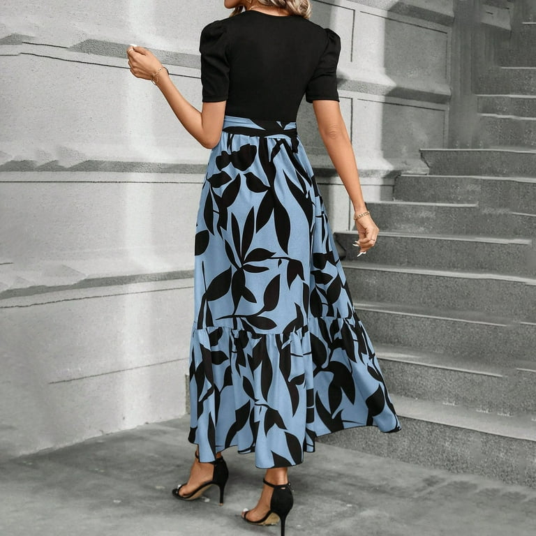 TQWQT Work Dresses for Women 2025 Short Sleeve Flowy Maxi Dresses Floral  Print Empire Waist Office T-Shirt Dress Elegant Teacher Outfits Blue L -  Walmart.com