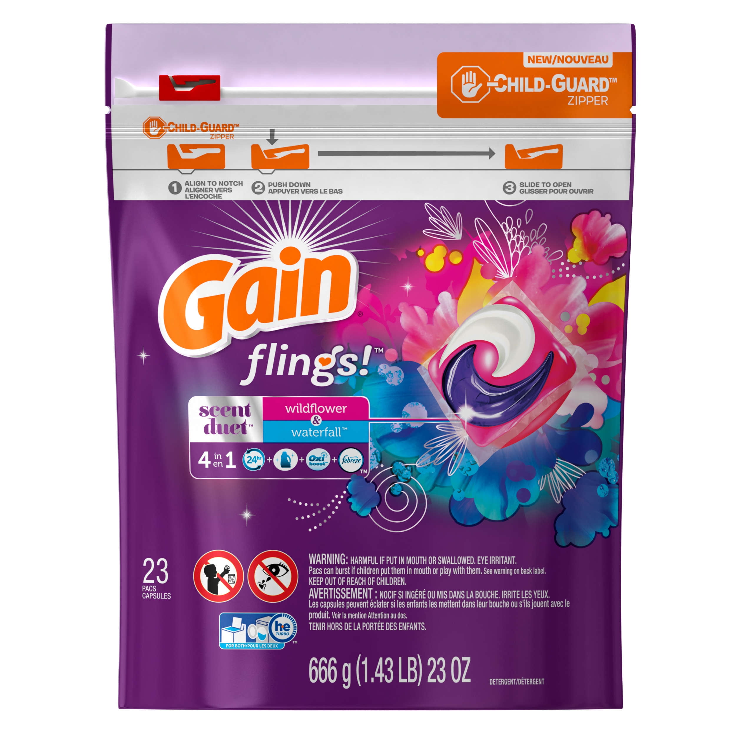 Gain Flings! Laundry Detergent Pacs, Wildflower & Waterfall, 23 Count ...