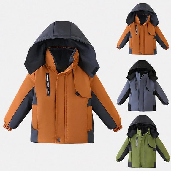 DJDLJWCJ Boys Winter Coats Stand Collar Warm Hooded Jacket Solid Color Long Sleeve Coat Orange Size 3T