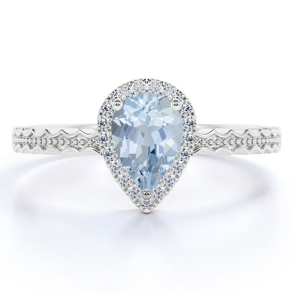 JeenMata Unique 1 Carat Teardrop Created Aquamarine Halo Wedding Ring in 18k White Gold over Silver