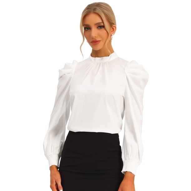 Blusa de Oficina para Mujer Elegante con Cuello Levantado y Mangas con Forma de Farol blanco S