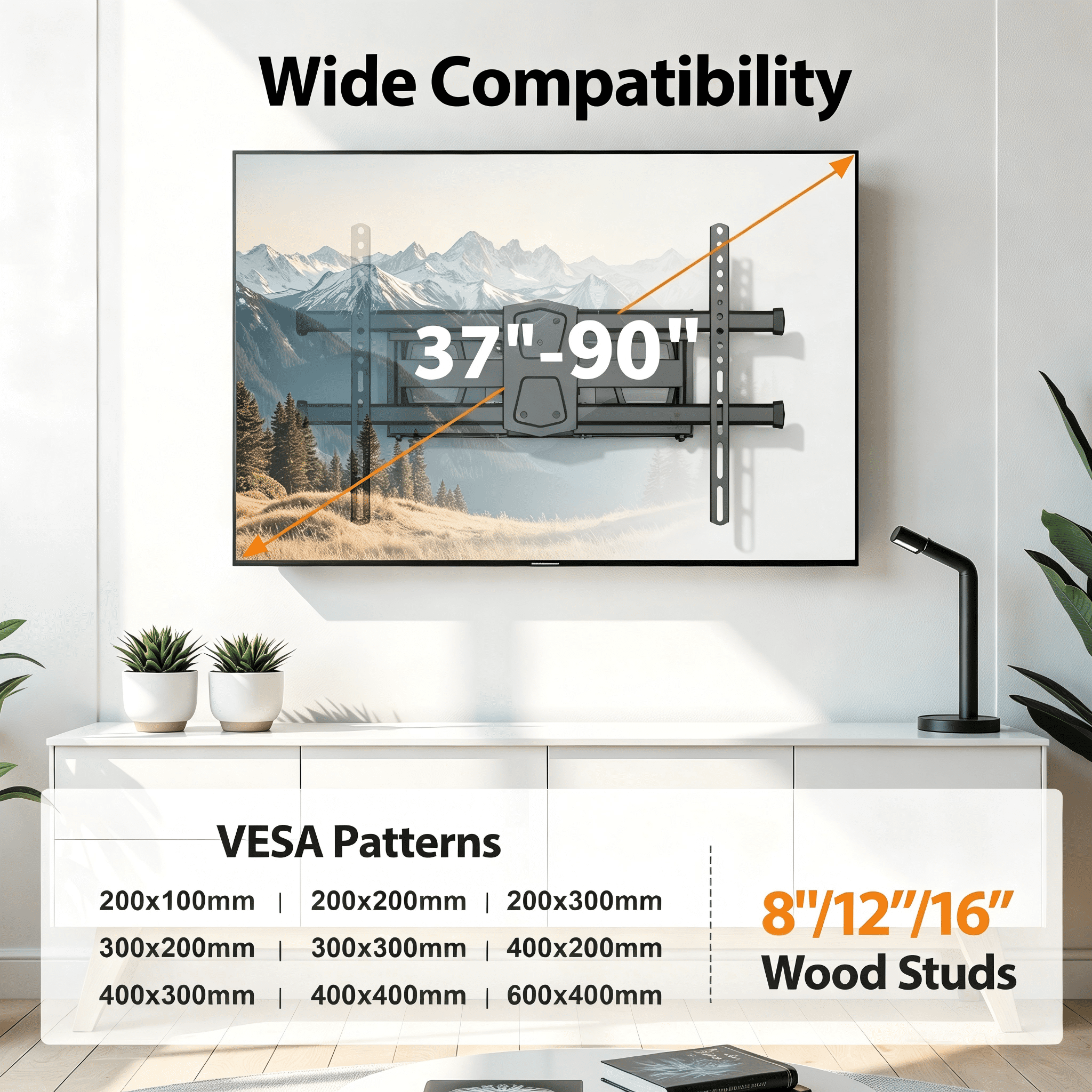 MountLiving Full Motion TV Wall Mount for 37-90 inch Screens, Dual Arm Design with Swivel & Tilt, Max VESA 600x400mm, 132 lbs, Fits 8"/12"/16" Studs
