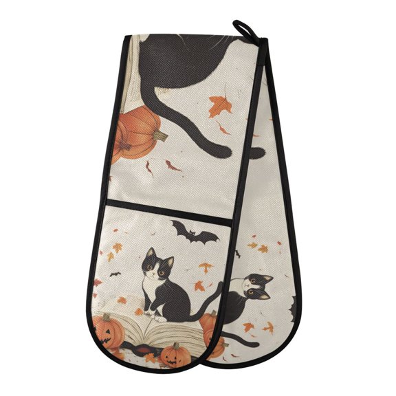 Yayeee Double Oven Mitt Kitchen Heat Resistant Baking 35" x7" Quilted Glove, Gray Cartoon Halloween Cat