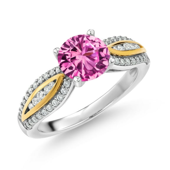 Gem Stone King 925 Silver and 10K Yellow Gold Pink Created Sapphire and White Lab Grown Diamond Engagement Ring for Women | 1.91 Cttw | Round 7MM | Gemstone September Birthstone | Size 9