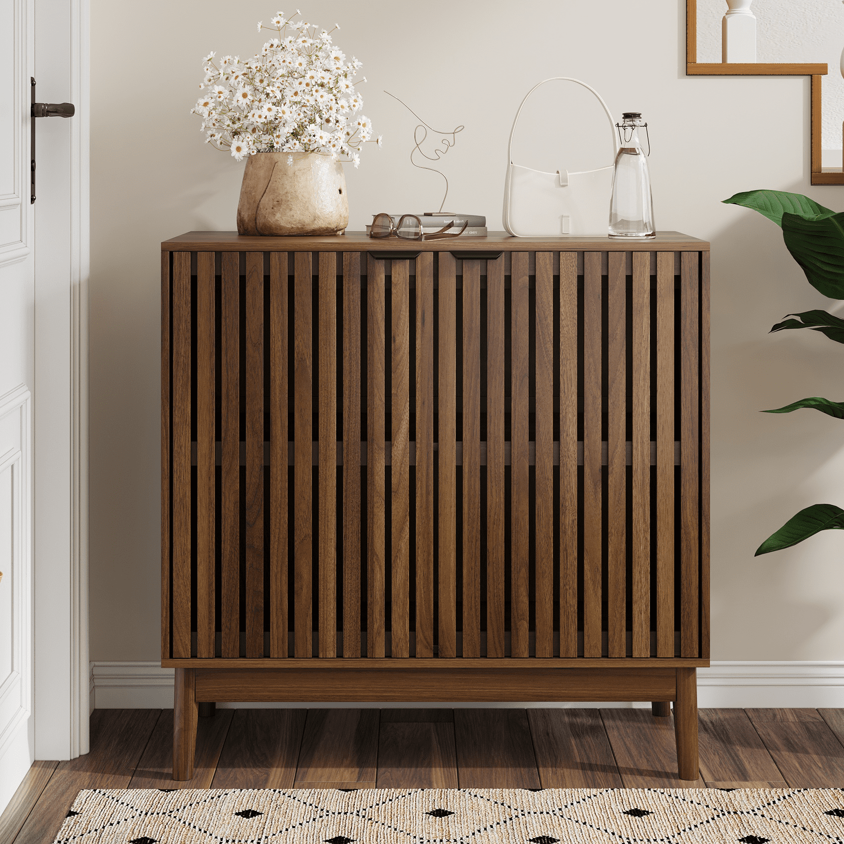Algherohein Sideboard Cabinet with 4 Door & Adjustable Shelves, Kitchen Storage Organizer, Home Decor TV Stand for Living Room, 2 Pack Walnut