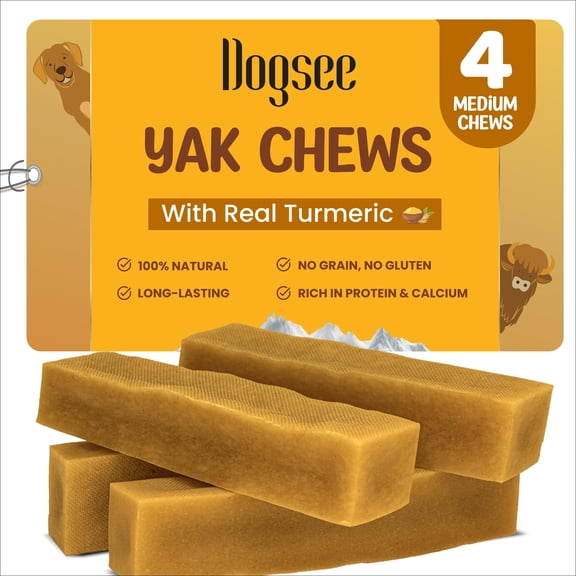 Dogsee Himalayan Yak Chews with Turmeric/Curcumin (Medium - 4 Chews) | Yak Chews for Large Dogs | Dog Treats | Helps Joint Pain | Rawhide-Free
