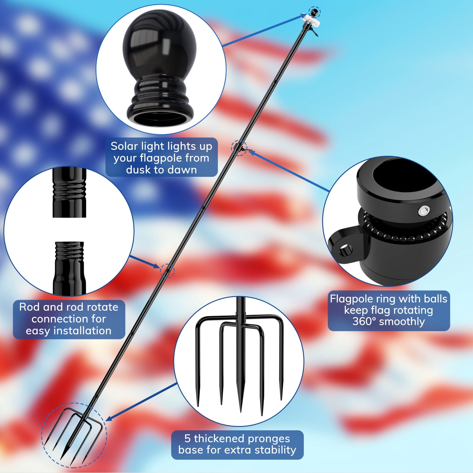 FIASON 1 Pack 10 FT Black Stainless Steel Flag Pole, Heavy Duty Tangle-Free Flagpole with Solar Light, American Flag & 5-Prong Base, In-Ground Kit for Residential Commercial Outdoor Use