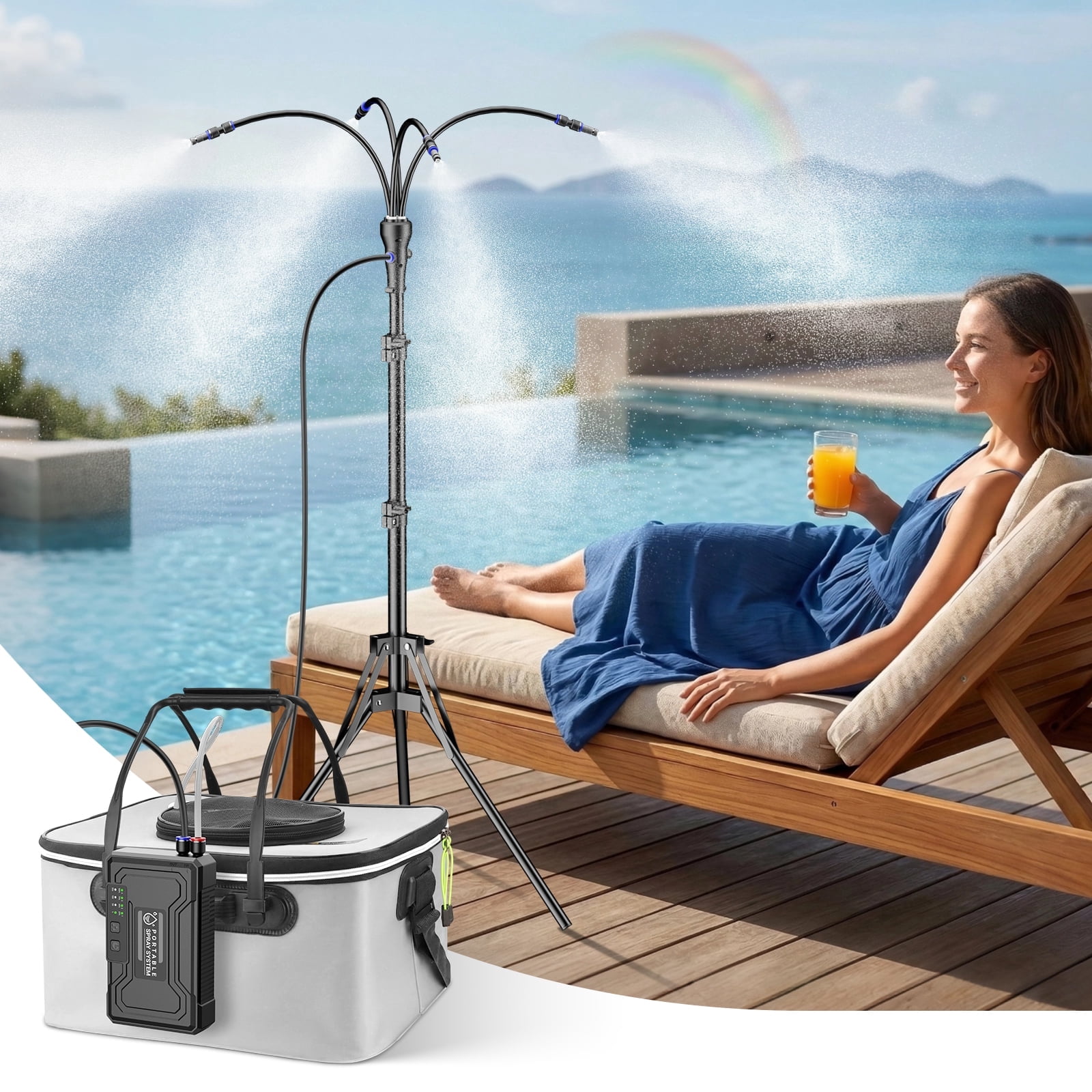Standing Misters for Outside Patio, 4Gal Portable Bucket with 10000mAh Water Cooling Misters Set – 4FT Adjustable Height for Outdoor, Beach, Pool, Water Playing, Sprinkler, Camping