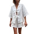 thumbnail image 2 of Elippeo Women’s Casual 2 Piece Outfits 3/4 Sleeve Tie Knot Front Shirt + Shorts Set Vacation Clothes, 2 of 8