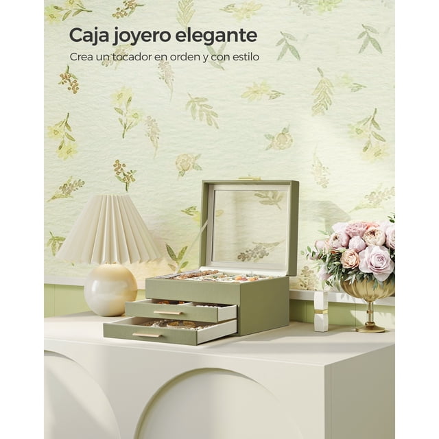 Caja de Joyería, Estuche de Joyero de 3 Niveles, Estuche de Joyería, 2 Cajones, Verde Bosque y Oro,Verde aguacate y dorado