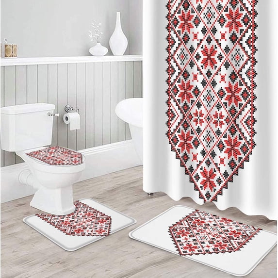 FMSHPON Geometric 4 Piece Bathroom Set Shower Curtain Bath Rug Contour Mat and Toilet Lid Cover