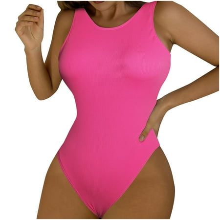 TrendVibe365 Cute Swimsuits for Women Red One Piece Bathing Suits Thong Solid Swimwear Beachwear XL