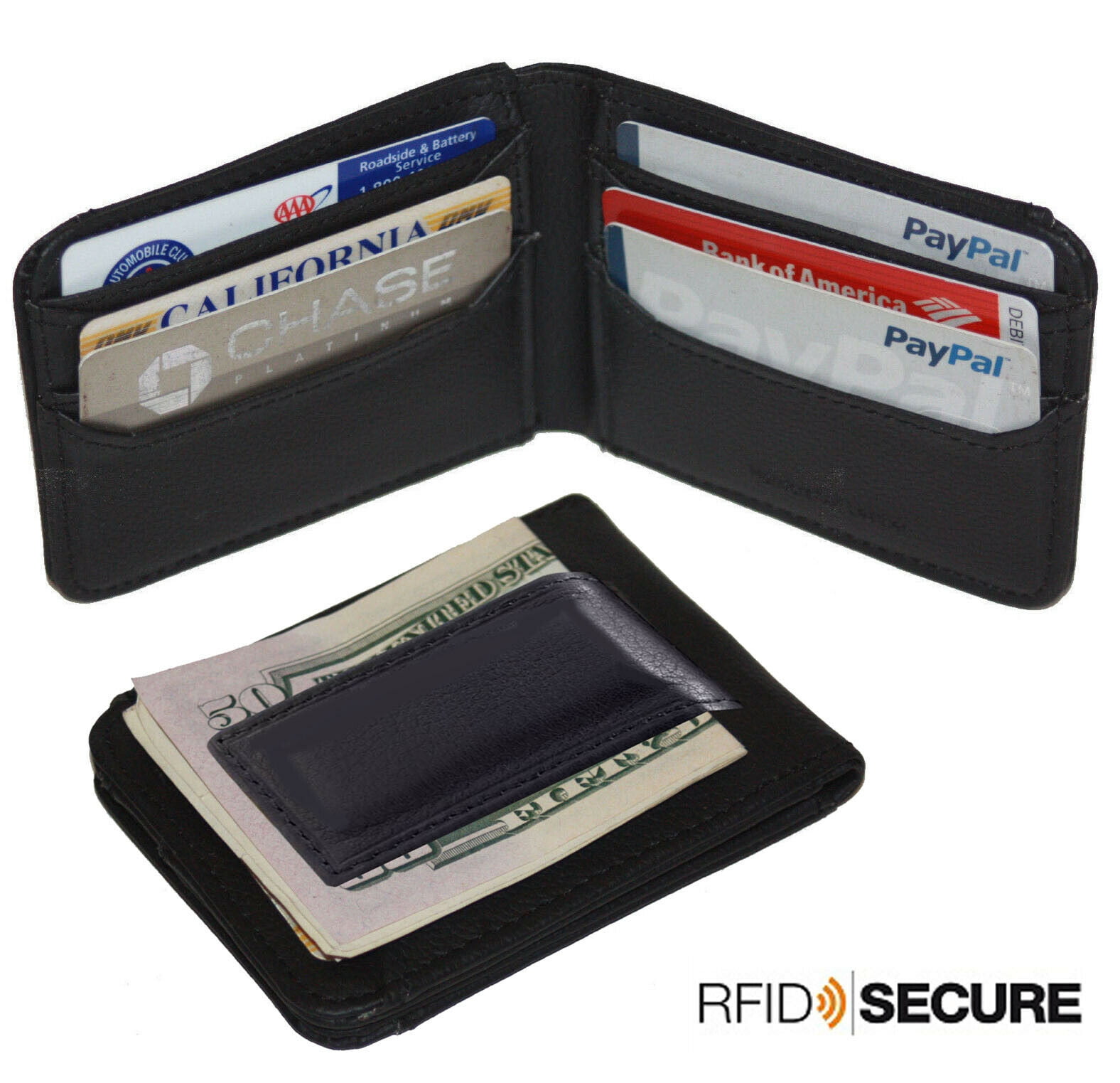Black Leather Mens Money Clip Bifold Wallet 7 Card ID Badge Holder