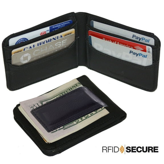 Black Leather Mens Money Clip Bifold Wallet 7 Card ID Badge Holder