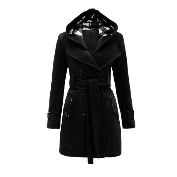 UPPADA Women's Double Breasted Plaid Pea Coat Mid Long Long Shaggy Belted Pea Coat Outwear Coat with Hood,Black Shacket,M