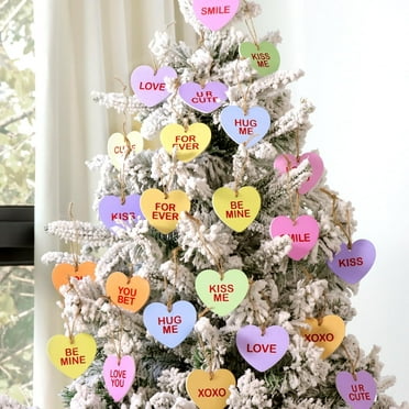 JUMRHFAN Valentines Day Decor Tree Decorations: 24pcs Wooden Candy Heart Tree Ornaments, Cute BE MINE KISS ME Wood Conversation Candy Heart for Home Wedding Kids Gift Table Wall Door Hanging Decor