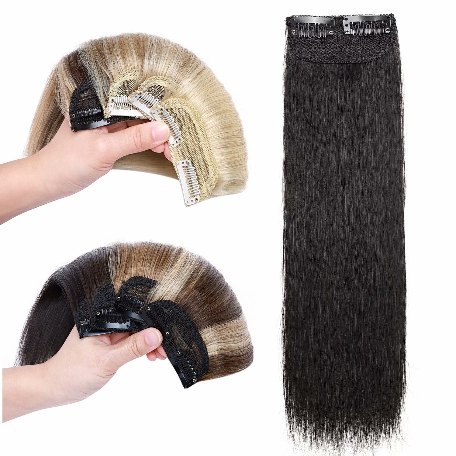 Benehair Clip in 100% Remy Human Hair Extensions Fluffy Hair Pad Invisible Hairpiece Topper Thickened Soft Thin Hair Black 2 Pieces